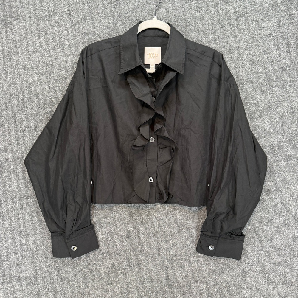 TWP Trish Wescoat Pound Ruffle Shirt Women M/L Black Cropped Poplin Luxury